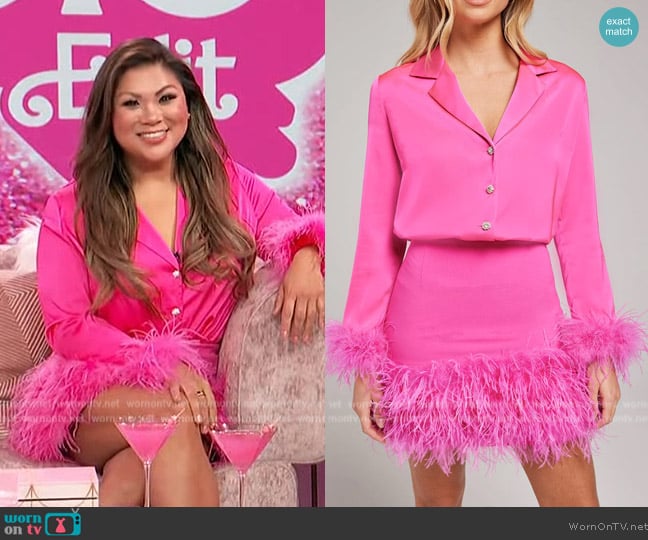 Nadine Merabi Taylor Hot Pink Shirt worn by Jennifer Chan on Access Hollywood