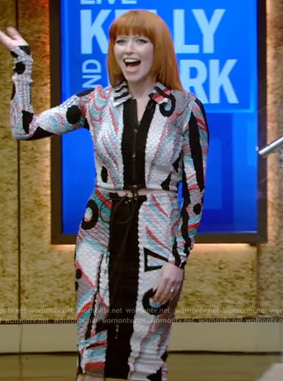 Natasha Lyonne’s textured top and skirt on Live with Kelly and Mark