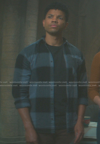 Ned's blue plaid button down shirt on Nancy Drew