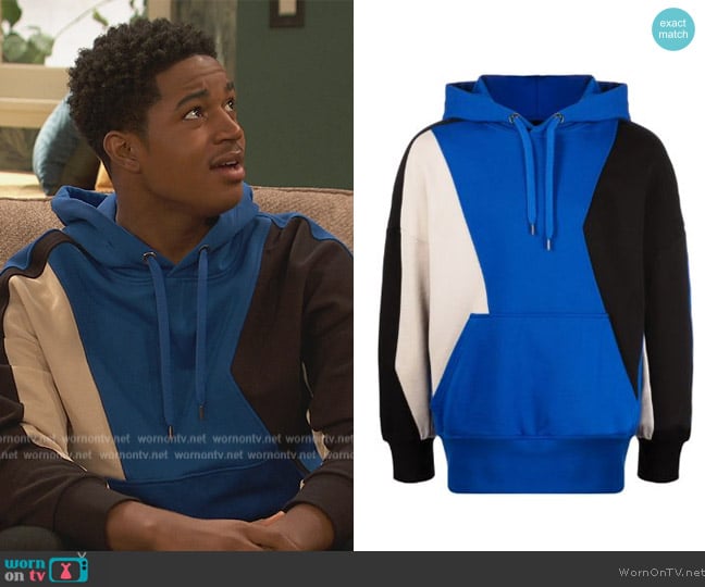 Neil Barrett Asymmetric colour-block hoodie worn by Booker Baxter (Issac Ryan Brown) on Ravens Home