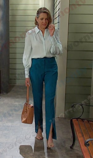 Nicole's blue blouse and front slit pants on Days of our Lives