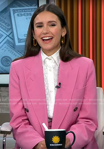 Nina Dobrev’s pink suit on CBS Mornings