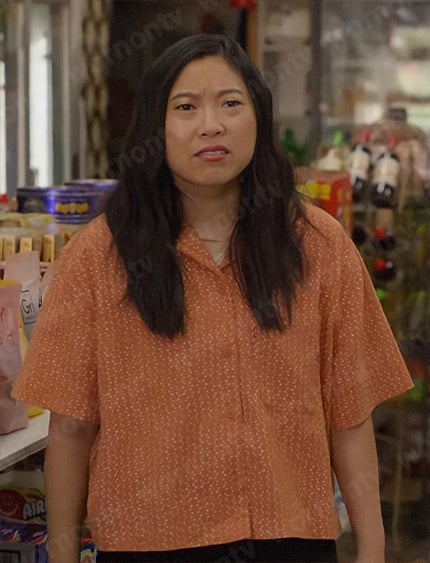 Nora's orange printed shirt on Awkwafina is Nora From Queens