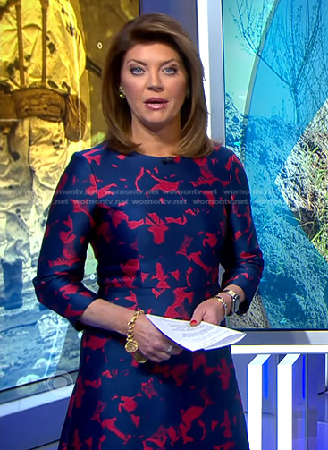 Norah’s pink and blue printed dress on CBS Evening News