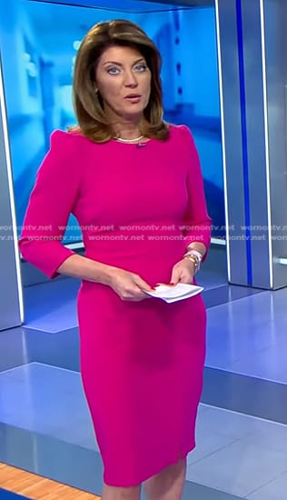 Norah's pink three quarter sleeve sheath dress on CBS Evening News