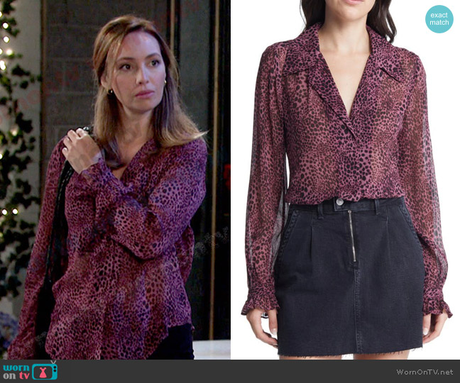 Paige Ellyn Leopard Print Button-Up Silk Shirt worn by Gwen Rizczech (Emily O'Brien) on Days of our Lives