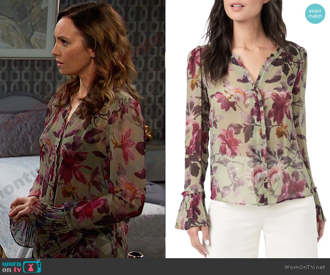 Paige Palma Floral Print Pleated Cuff Silk Button-Up Blouse worn by Gwen Rizczech (Emily O'Brien) on Days of our Lives