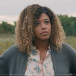 Polly’s white floral blouse and grey cardigan on Manifest