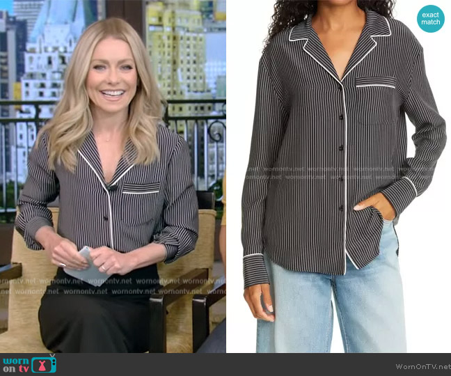 WornOnTV: Kelly’s black stripe pajama style blouse on Live with Kelly ...