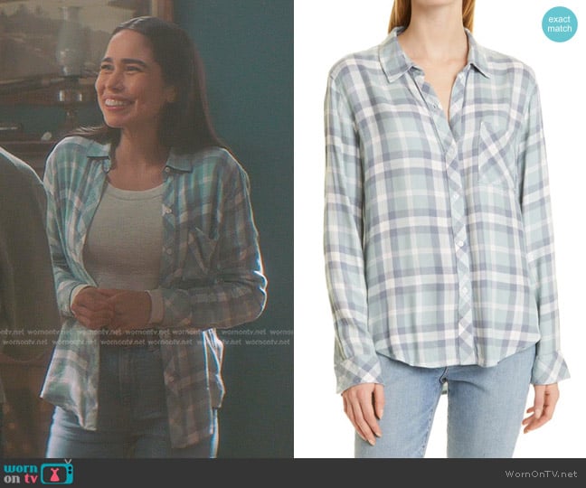 Rails Hunter Plaid Button-up Shirt in Sea Breeze Navy Peach worn by Addy (Rachel Colwell) on Nancy Drew