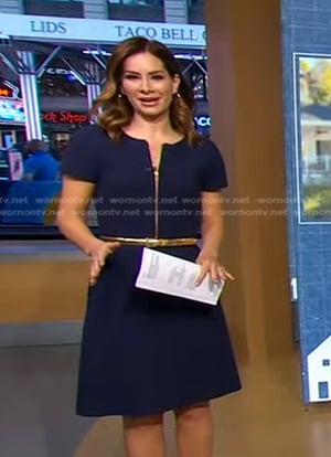 Rebecca's blue dress with gold belt on Good Morning America