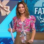 Rebecca’s pink floral tie front top and beige skirt on Good Morning America