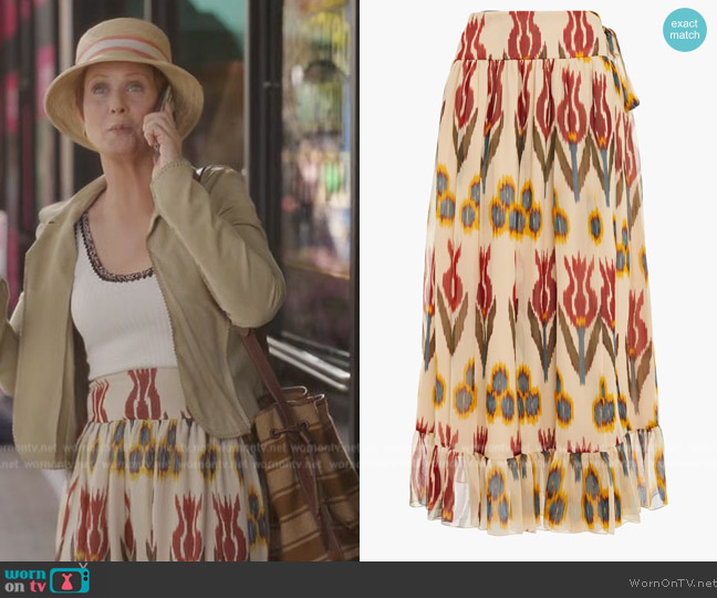 Red Valentino Gathered printed silk-crepon midi wrap skirt worn by Miranda Hobbs (Cynthia Nixon) on And Just Like That