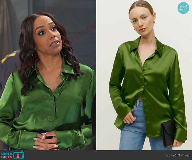 Reformation Sky Relaxed Silk Top worn by Jada Hunter (Elia Cantu) on Days of our Lives