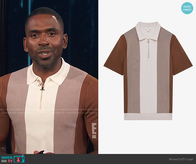 Reiss Milton Striped Zipped-Collar Polo Shirt in Tobacco/Cream worn by Justin Sylvester on E! News