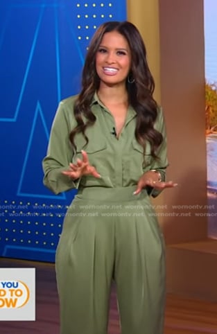 Rocsi Diaz's green button down shirt and pants on Good Morning America