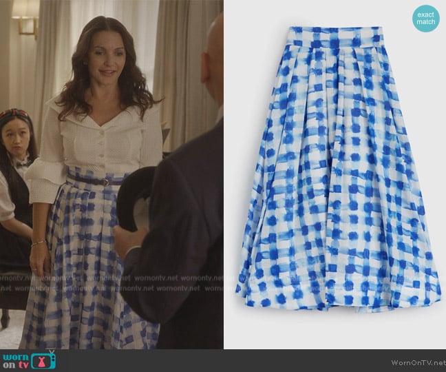 Rosie Assoulin Pleated Skirt in Blue Gingham worn by Charlotte York (Kristin Davis) on And Just Like That