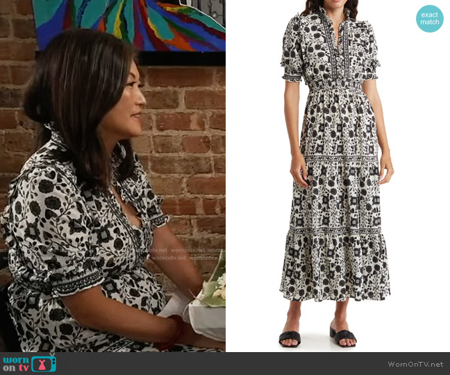 Max Studio Ruffle Collar Print Tiered Maxi Dress worn by Juju Chang on Good Morning America