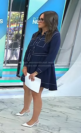 Savannah’s navy tie waist dress with white stitching on Today