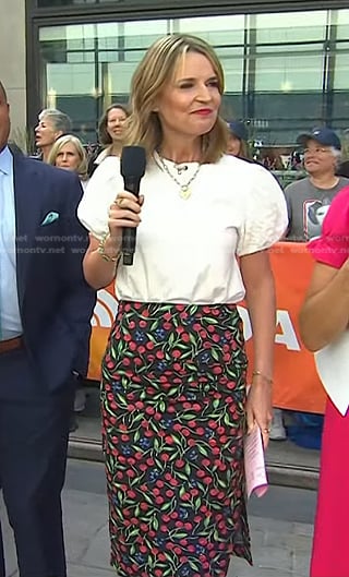 Savannah’s white top and black cherry print skirt on Today