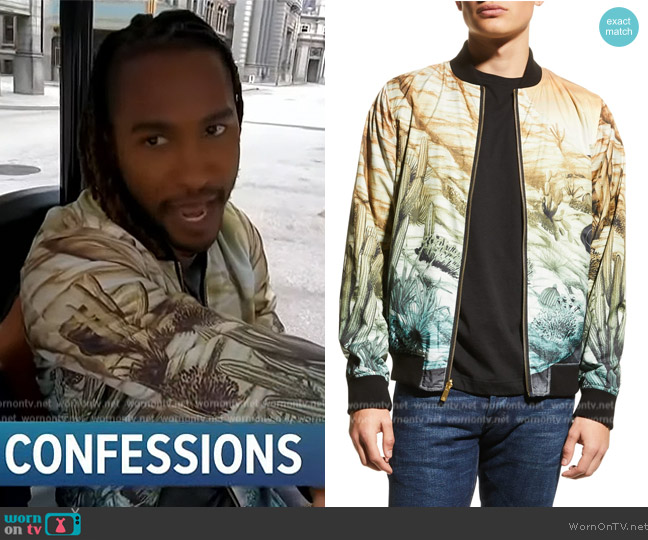 Scotch and Soda Printed Reversible Bomber Jacket worn by Scott Evans on Access Hollywood