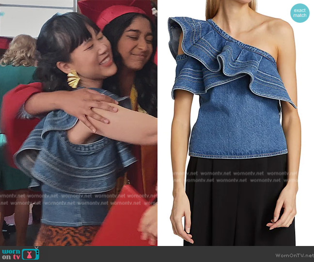 Self Portrait Ruffle Denim Off-The-Shoulder Top worn by Eleanor Wong (Ramona Young) on Never Have I Ever