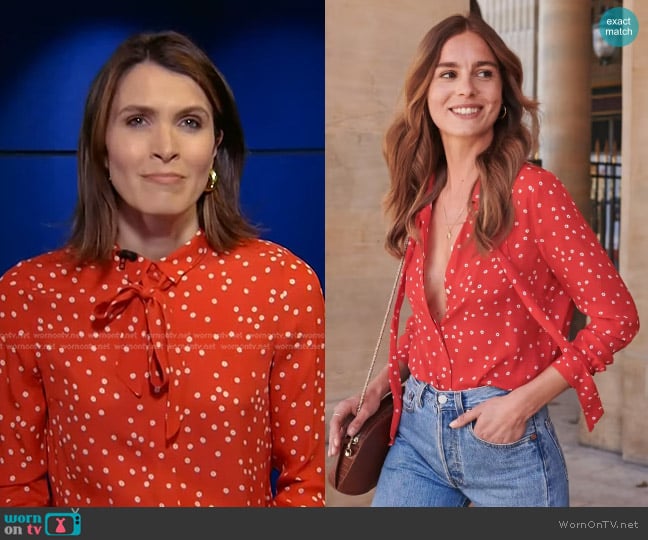 Sezane Lady Shirt in Soie Rouge Little Flowers worn by Molly Hunter on Today