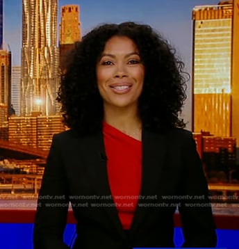 Shirleen Allicot’s red asymmetric neck top on Good Morning America