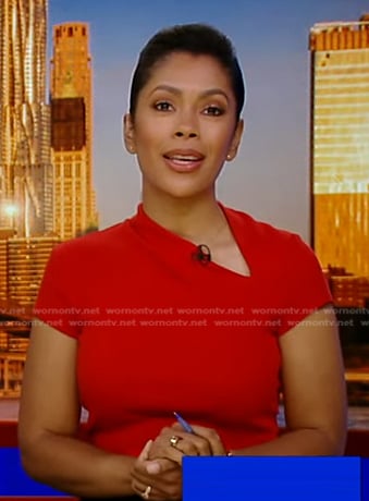 Shirleen Allicot’s red asymmetric neck top on Good Morning America