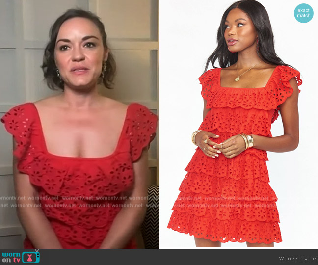 Show me Your Mumu Lucy Dress in Cherry Eyelet worn by Lindsay Myers on Access Hollywood