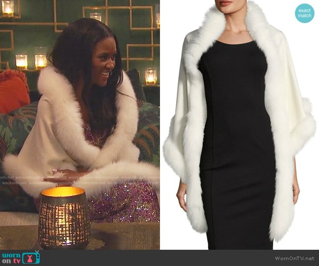 Sofia Cashmere Cashmere Triangle Fox Trim Wrap in Ivory worn by Charity Lawson on The Bachelorette