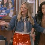 Sophie’s cropped denim jacket and red sequin skirt on How I Met Your Father