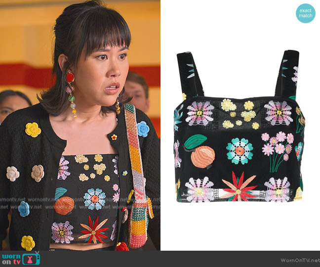 Staud Regina floral-embroidered tank top worn by Eleanor Wong (Ramona Young) on Never Have I Ever