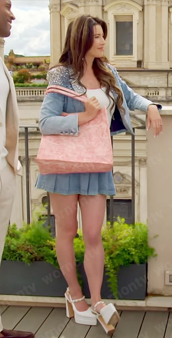 Steffy's embellished denim jacket and pleated skirt in Italy on The Bold and the Beautiful