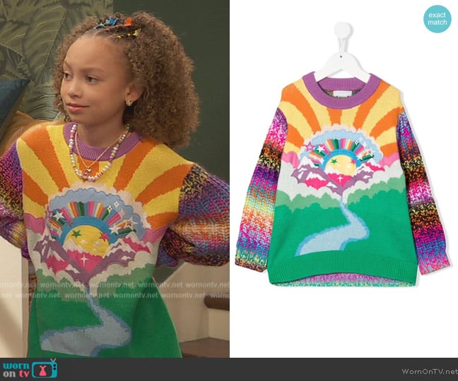 Stella McCartney Rainbow-embroidered crew-neck jumper worn by Alice Baxter (Mykal-Michelle Harris) on Ravens Home