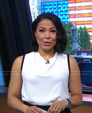 Stephanie’s white cowl neck top on Good Morning America