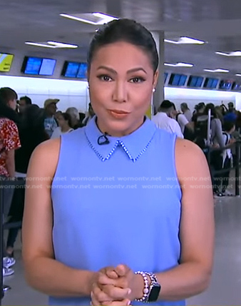 Stephanie’s blue embellished collar sleeveless top on Good Morning America