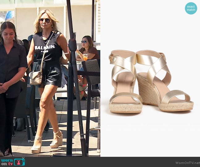 Metallic leather espadrille wedge sandals by Stuart Weitzman worn by Tamra Judge on The Real Housewives of Orange County