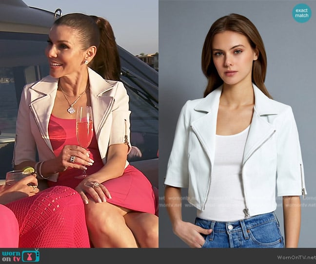 Susan Bender Short Sleeve Cropped Moto Jacket worn by Heather Dubrow on The Real Housewives of Orange County