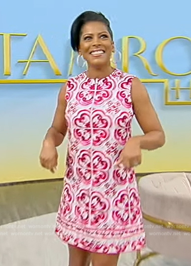 Tamron’s red printed shift dress on Tamron Hall Show