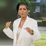 Tamron’s white jacquard blazer and pants on Tamron Hall Show