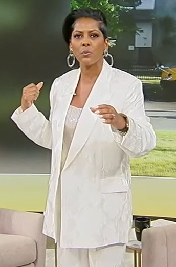 Tamron’s white jacquard blazer and pants on Tamron Hall Show