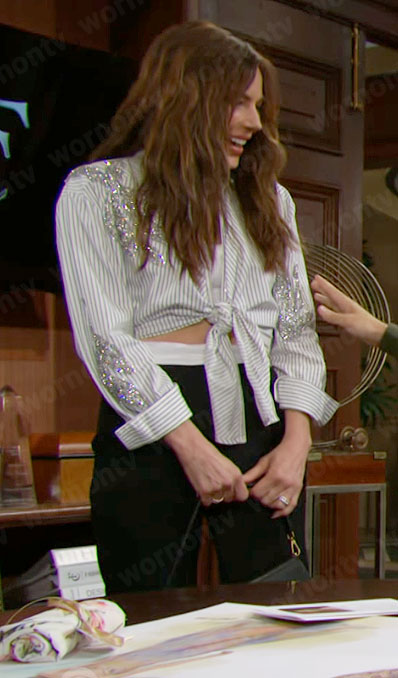 Taylor's striped embellished tie-front shirt on The Bold and the Beautiful