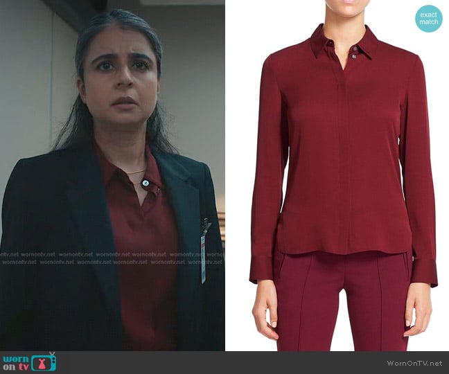 Theory Classic Fitted Shirt in Currant worn by Dr. Aria Gupta (Mahira Kakkar) on Manifest