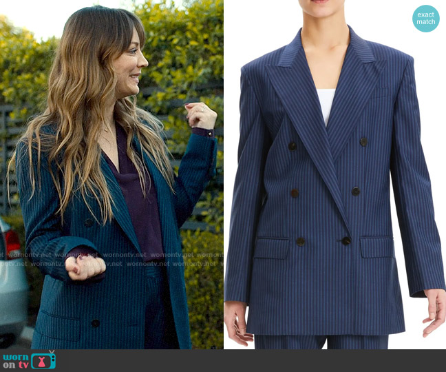 Theory Straight Double-Breasted Jacket in Striped Wool worn by Ava Bartlett (Kaley Cuoco) on Based on a True Story