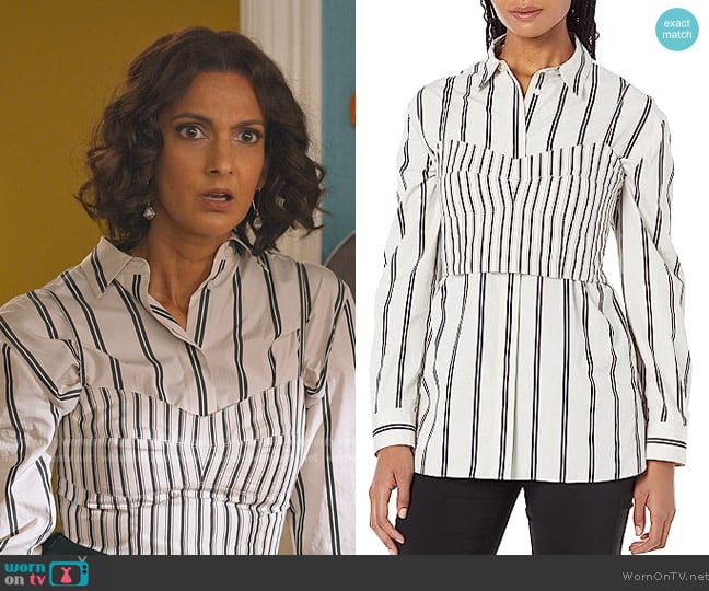 Theory Bustier Shirt worn by Nalini Vishwakumar (Poorna Jagannathan) on Never Have I Ever