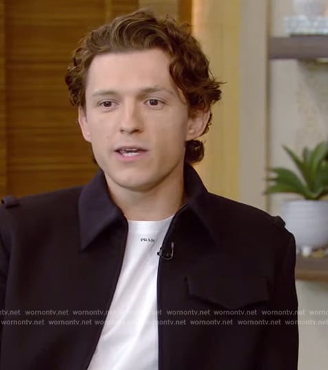 Tom Holland’s white Prada logo tee on Live with Kelly and Mark