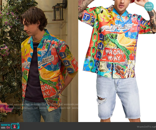 Topman Fairground Print Cotton Button-Up Shirt worn by Neil (Felix Avitia) on Ravens Home