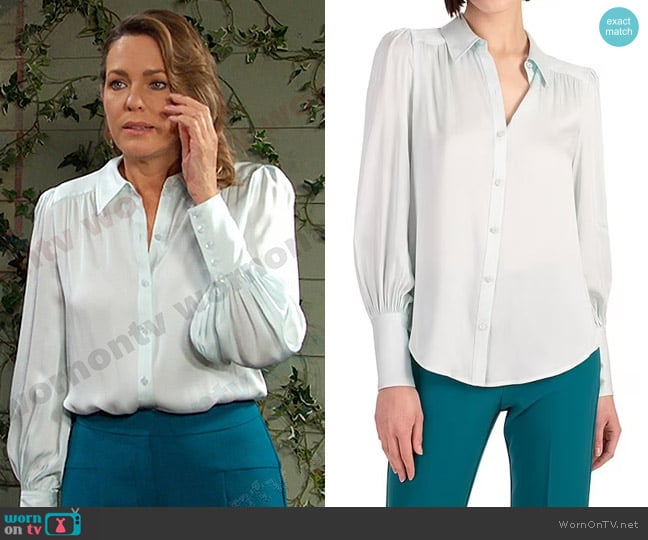 Trina Turk Sagittarius top in Blue Frost worn by Nicole Walker (Arianne Zucker) on Days of our Lives