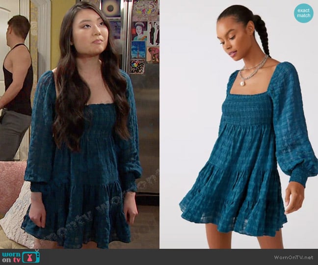 Urban Outfitters River Smocked Long Sleeve Mini Dress in Blue worn by Wendy Shin (Victoria Grace) on Days of our Lives